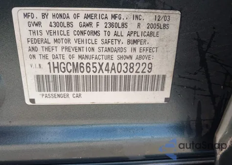 2004 Honda Accord 3.0 Ex из США, поврежденный, VIN 1HGCM665X4A038229